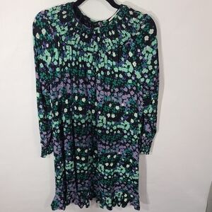 Loft Women's Size Medium M Purple Green Floral Smocked Flounce Dress Long Sleeve